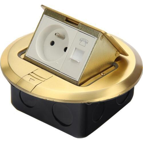 Round pop-up hidden floor socket copper alloy type electric sockets with 1 EU outlet + 1 telephone Function Customized available