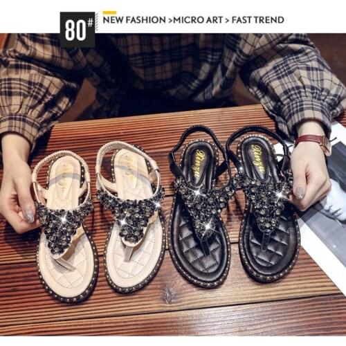 Summer fashion new Bohemian toe sandals for female students, beach shoes, flat heels and elastic feet, rhinestone sandals
