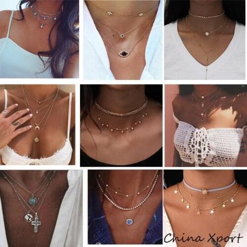 Best sellers of 2020 women necklaces multi layers popular necklace star moon cross stone pendants beautiful hot selling necklace