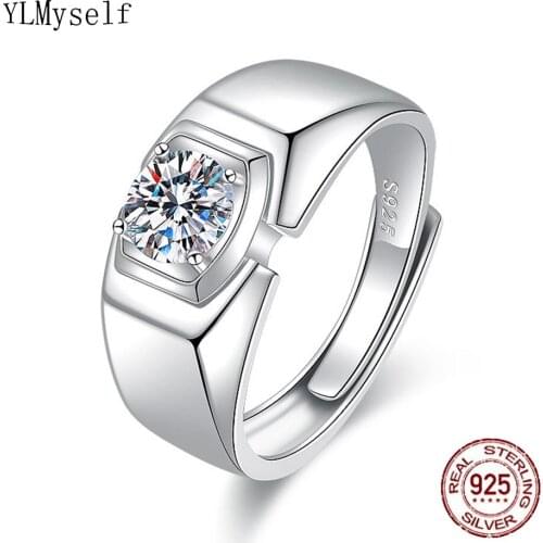 Male Ring Made By Real 925 Silver With 1 Carat(6.5mm) Moissanite Stone Free Adjustable Size Classic Fine Jewelry For Man