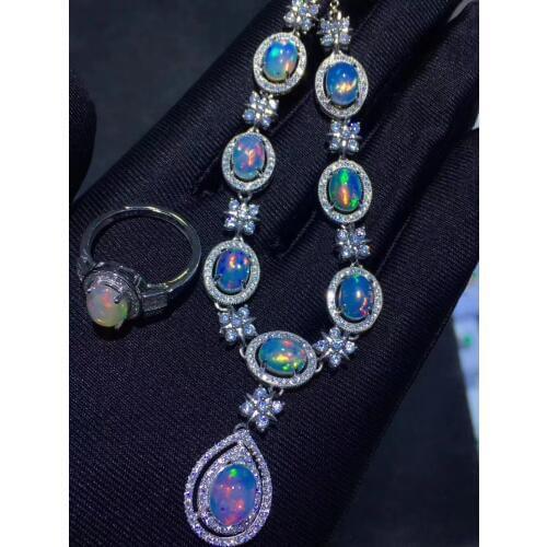 Natural Multicolor opal jewelry sets natural gemstone ring Pendant 925 silver Elegant Clover water drop women gift fine jewelry