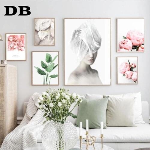 Peony Flower Plant Leaves girl wing shell Wall Art Canvas Painting Nordic Posters And Prints Wall Pictures For Living Room Decor