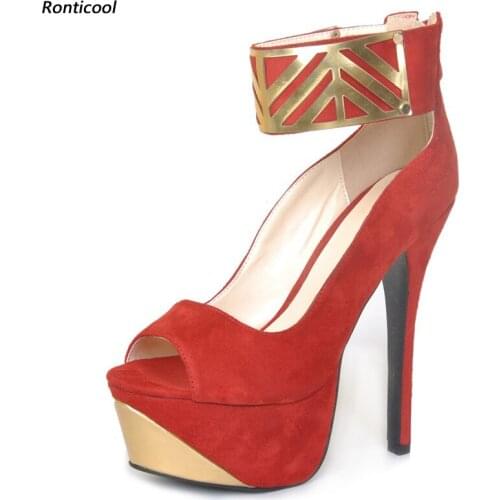 Ronticool New Fashion Women Ankle Strap Pumps Sexy Stiletto High Heels Peep Toe Pretty Red Banquet Shoes US Plus Size 5-20