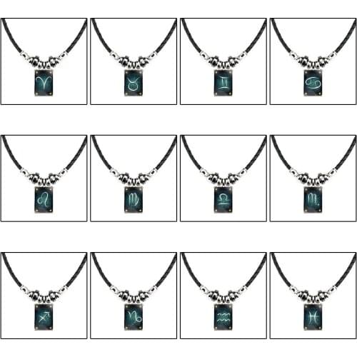 12 Constellation Crystal Necklace Mens Black Gallstones Aquarius Pisces Scorpio Sagittarius Capricorn Beaded Pendant Necklace