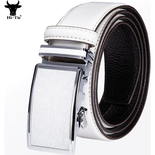 Hi-Tie Luxury White Real Leather Mens Belts Alloy Automatic Buckle Ratchet Slide Waist Straps Business Dress Jeans Wedding Gift