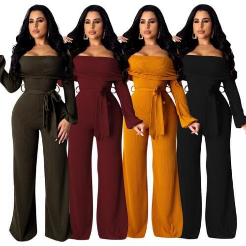 Sexy Off Shoulder Jumpsuit Knit Ribbed With Bandage Long Sleeve Long Wide Pants Rompers Womens Jumpsuit 4 Color