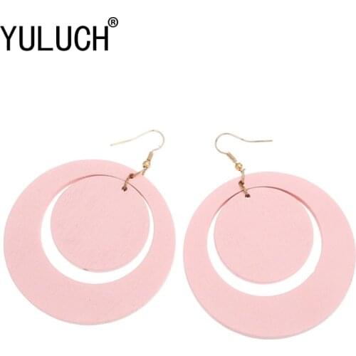 YULUCH Original Design Geometric Round Wood Combination Pendant Earrings for Woman Valentines Day Present