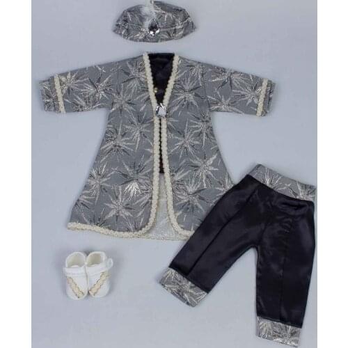 Gray Vintage Baby Boy Suit Queen Prince Ottoman Prince Gentleman Male Babies Dolls 5 Piece Set Clothing Special Occasions Model