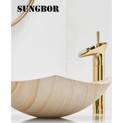 Waterfall Water Basin Faucets Brass Bathroom Faucet Gold Mixer Tap Single Handle Hot & Cold Washbasin Tap torneiras banheiro 712