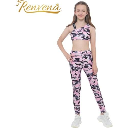 2Pcs Camouflage Sportswear Girls Tracksuit Childrens Gymnastics Clothes Kids Sports Outfits Sleeveless Tank Crop Tops + Pants