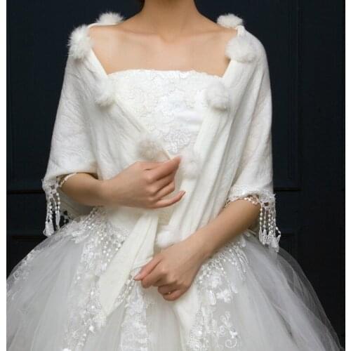 Bridal Wraps Shawls Winter Triangular Wedding Jackets Women Pompom Tassel Shrug