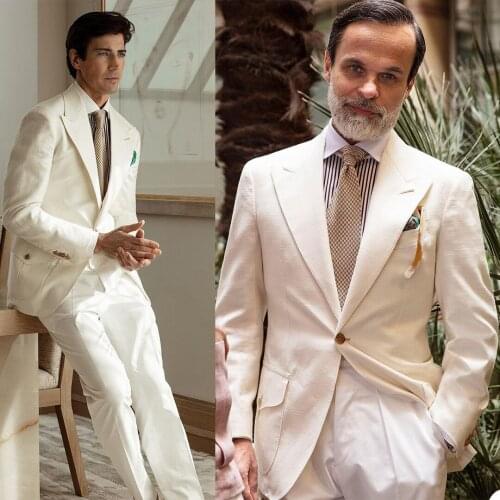 Spring Linen Men Tuxedos Peaked Lapel Pocket Blazer Custom Made One Button Party Wedding Groomsmen Prom Wear 1 Piece
