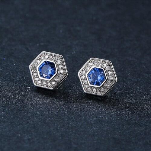 Vintage Silver Color Wedding Earrings Classic Geometric Small Stud Earrings Simple Fashion Blue Crystal Stone Earrings For Women