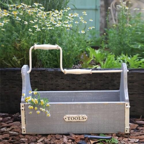 Vintage gray farmhouse handmade wooden tool basket