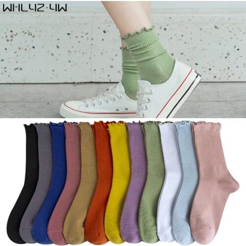 Bright Color Woman Girl Short Socks Cotton Black Fungus Edge Cute Street Fashion Soft Elastic Harajuku Happy Socks EU 35-39