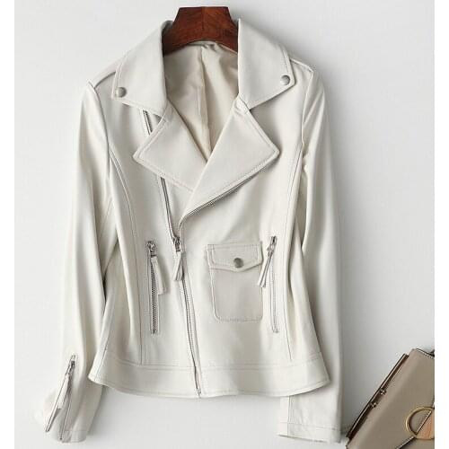 New Fashion Short Slim Real Jacket Women Brown White Lapel Zipper Genuine Leather Sheepskin Coat Motorcycle High Quality