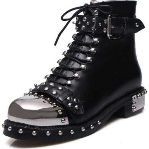 CuddlyIIPanda Autumn Luxury Design Punk Style Metal Rivets Women Motorcycle Boots Square Toe Locomotive Boots Large Size 35-43