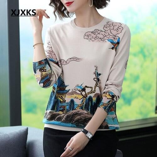 XJXKS Fashion printing women thin sweater 2020 autumn winter new high-end wool knitted sweater women pullover