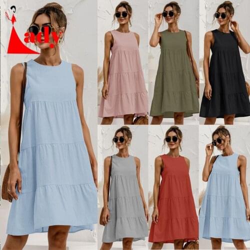 2021 Summer Women Vest Dress Cotton O-Neck Sleeveless Solid Midi Dress Stitching Large Swing Casual Loose Sundress Vestidos