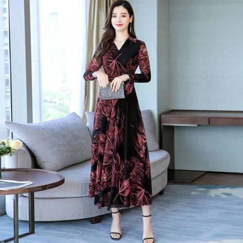 Women Dress Bohemian Floral Print V-Neck Long Sleeve Elegant Autumn Long Dress Ladies A-line Maxi Dresses Plus Size платье