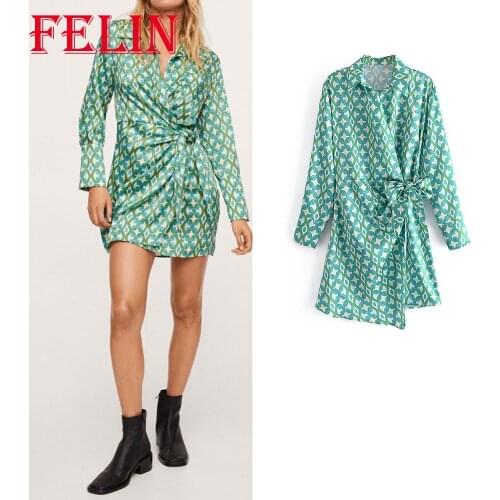 Za 2021 Chic Geometric Print Asymmetric Women Dresses Long Sleeve Green Lace Midi Dress Vintage Y2K Ruffled Vestidos Mujer