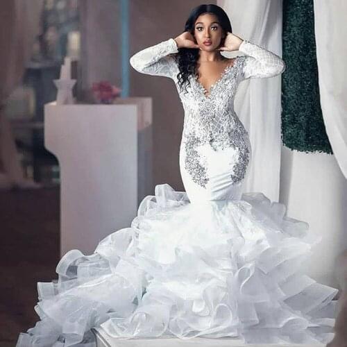 Elegant Sexy Mermaid V Neck Wedding Dress 2020 Crystals Beading Bridal Gowns Organze Tiered Long Train Bride Dress Custom Made