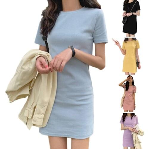 2020 Summer Women Short Sleeve O-Neck Midi A-Line T-Shirt Dress Slim Solid Color Streetwear Plus Size M-2XL