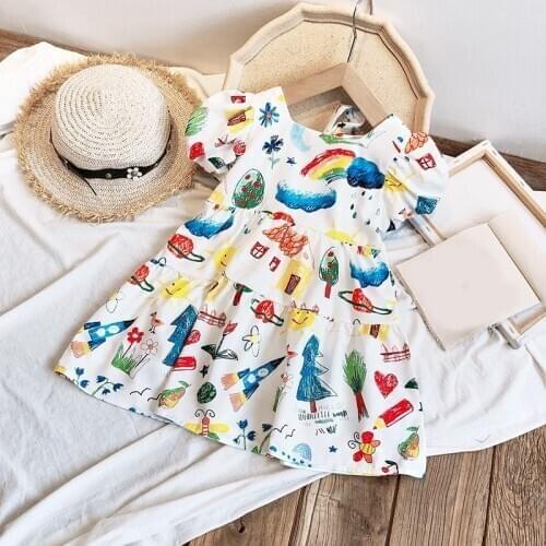 Summer 2021 Clothing Girls Dress Colorful Puff Sleeves Princess Dress Childrens Dresses Children Clothes Girl