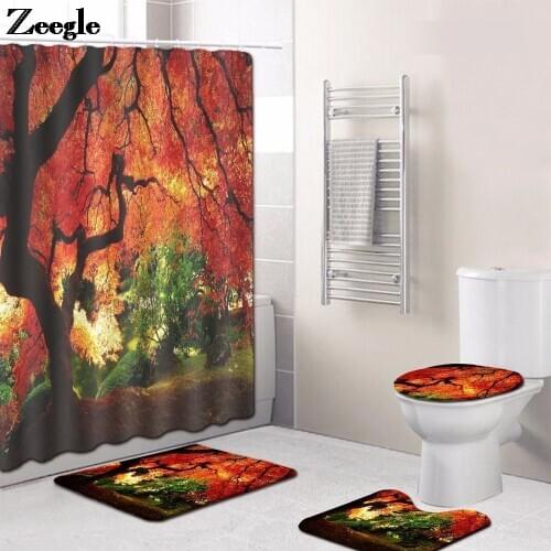 4pcs Bathroom Carpet Non Slip Bath Mat Set Waterproof Shower Curtain Toilet Rugs Carpet for Bathroom Toilet Bath Rugs