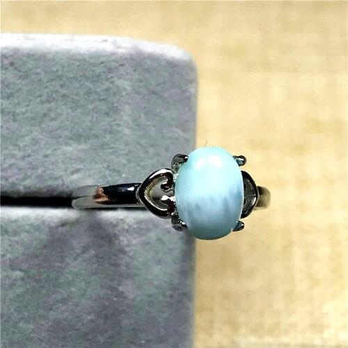 7x5mm Natural Blue Larimar Ring For Woman Lady Man Silver Beads Dominica Water Pattern Stone Adjustable Size Ring Jewelry AAAAA