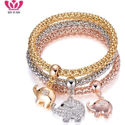 3Pcs Crystal Elephant Charms Bracelets Gold Color Mix Colors Pendant Popcorn Cute Animal Bracelet For Women Fashion Jewelry NEW