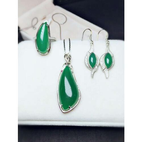 C40#925 silver inlaid natural chalcedony set, the jade face is clean and translucent