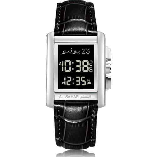 Classic Islamic Athan Reminder with Auto-Qibla Back Light Azan Watch Business Man Wristwatch Leather Strap for Muslim Prayer