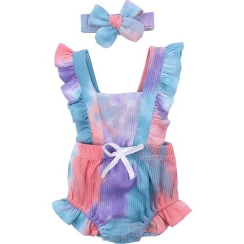 2020 Toddler Boys Girls Tie-Dye Rompers Headband Ruffles Short Sleeve Print Backless Jumpsuits Summer Cotton Clothing 0-24M