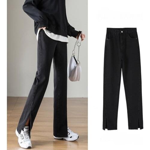 Black High Waisted Jeans Women Straight Loose Thin Mop The Floor Wide Leg Pants Full Length Slit Baggy Mom Jeans 2021 New Spring