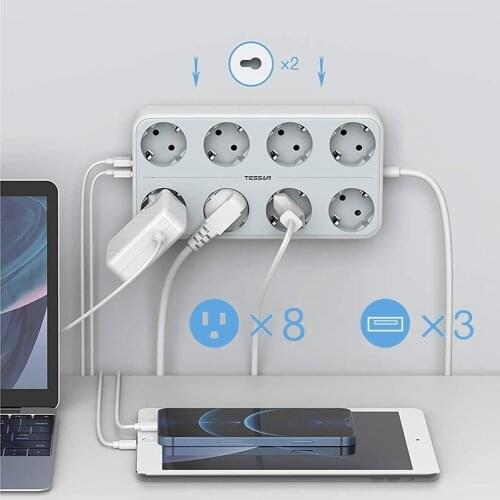 European Power Strip with 2 Mounting Holes Multi Outlets Plug Extender with Switch 2M Cabe and 3 USB Charging Station Socket