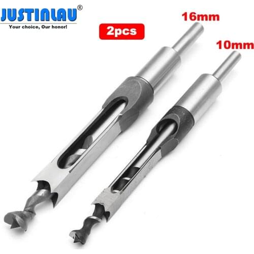JUSTINLAU 2pcs 10mm/16mm Square Hole Saw Drill Bit Mortising Chisel Auger Drill Bit Wood Working Tools