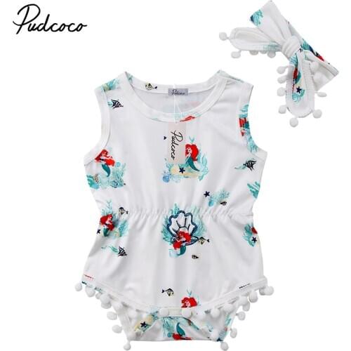 Pudcoco Newborn Baby Girl Clothes Mermaid print Tassel Sleeveless Romper Jumpsuit Headband Outfits Set Baby Summer Clothing