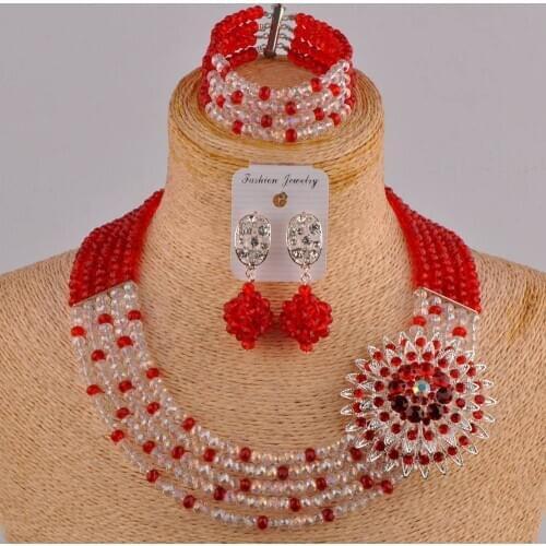 Pretty red and clear ab nigerian wedding african necklace crystal beads jewelry set 5SZ-017