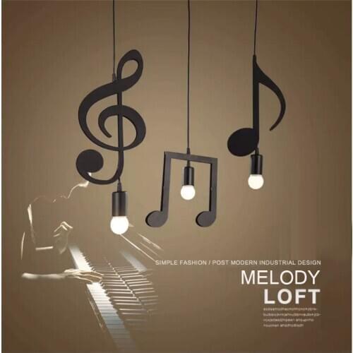 L33-Creative Melody Black E27 Led Pendant Lamp Music Note Iron Hanging Lamp for Restaurant Pub Clothing Store Club Pendant Light