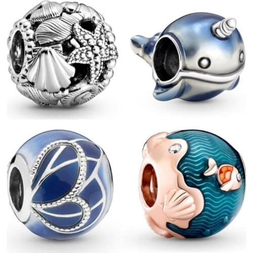 Shimmering Narwhal Starfish Shells & Hearts Ocean Waves & Fish Beads Fit Europe Bracelet 925 Sterling Silver Charm DIY Jewelry