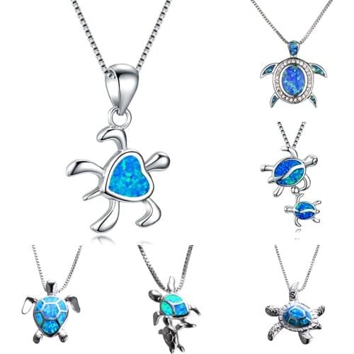 Cute Female Blue Imitation Fire Opal Pendant Necklace Silver Color Wedding Necklace Boho Animal Sea Turtle Necklaces For Women