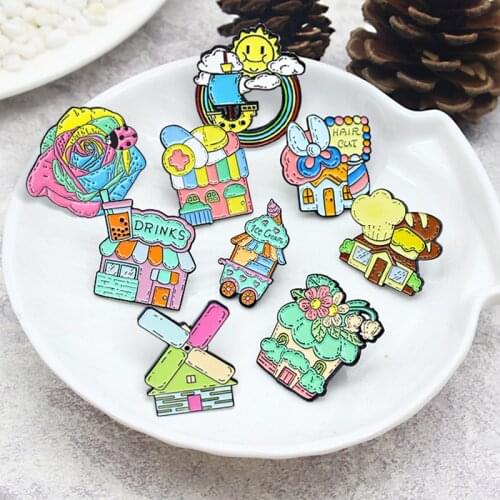 Cartoon Shop Rainbow Ship Enamel Pins Drink ice cream bakery Pharmacy Hair shop Big windmill sunlight Brooch Badge Jewelry Gift
