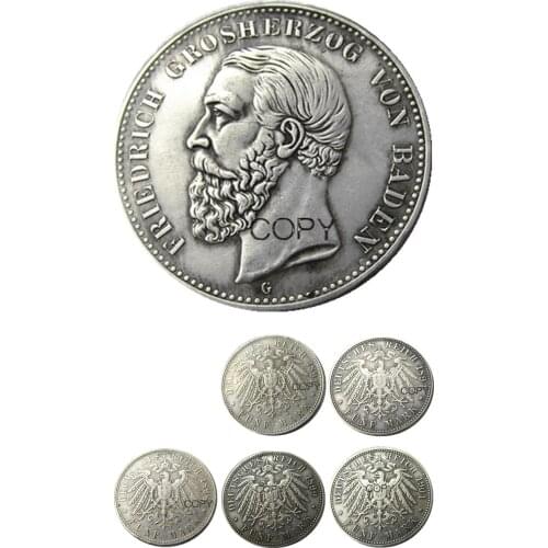 A set of (1891-1901) 5pcs GERMAN STATES BADEN - 5 mark Silver Plated Copy Coin