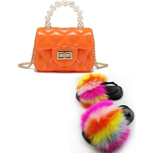 New Kids Candy Color Jelly Purse Fluffy Fur Shoes Match Set Children Plush Fur Flat Heel Strap Sandals Sweet Baby Gift Handbag