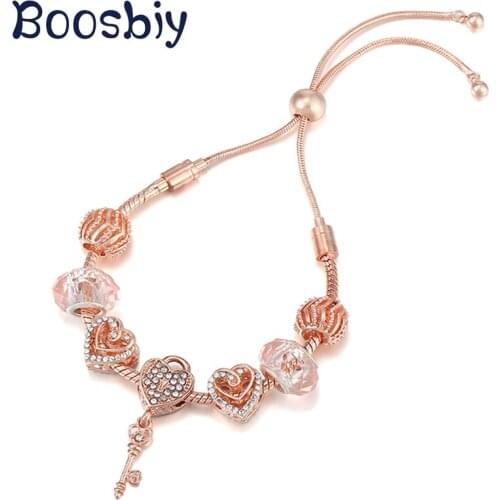 New Design Rose Gold Snake Chain Charm Bracelet DIY Love Key Pendant For Women Fashion Simple Adjustable Jewelry Gift