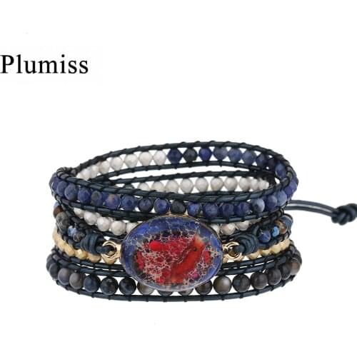 Plumiss Rose Red Imperial Jaspers Wrap Bracelets Natural Stone Hematite Shell Beads Boho Bracelet for Women Jewelry Romany Gift