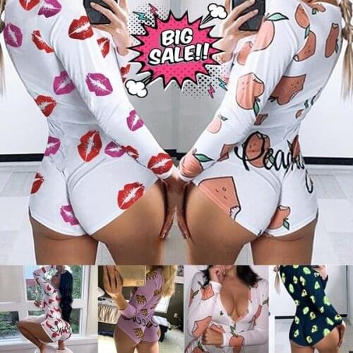 HOT Women Sexy V-Neck Bodycon Bodysuit Casual Printed Button Sleepwear Jumpsuit Print Bodycon Sleepwear Jumpsuit S-XXL