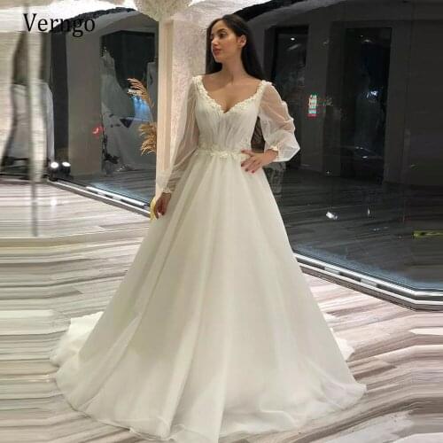 Verngo Simple Elegant Puff Sleeves A line Wedding Dress For Bride Tulle Sweep Train Vintage 2021 Bridal Gowns With 3D Flowers