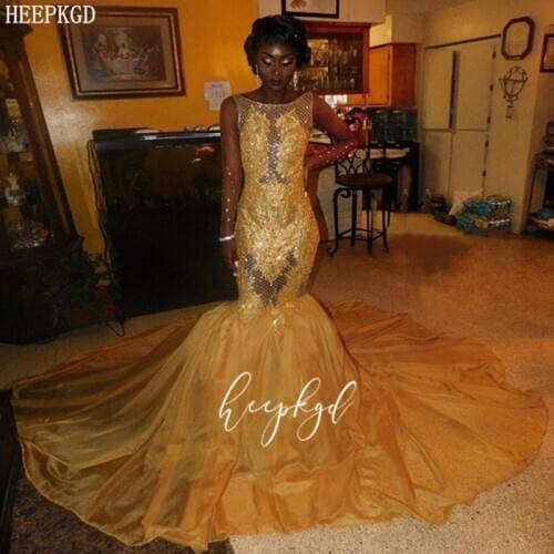 Sexy Gold African See Through Mermaid Evening Dress Long Sleeves Backless Beading Special Occasion Dresses Plus Size Prom Gown